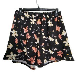 Shein Black Pink Yellow Floral Elastic Waist Band Pull On Wide Leg Shorts Large